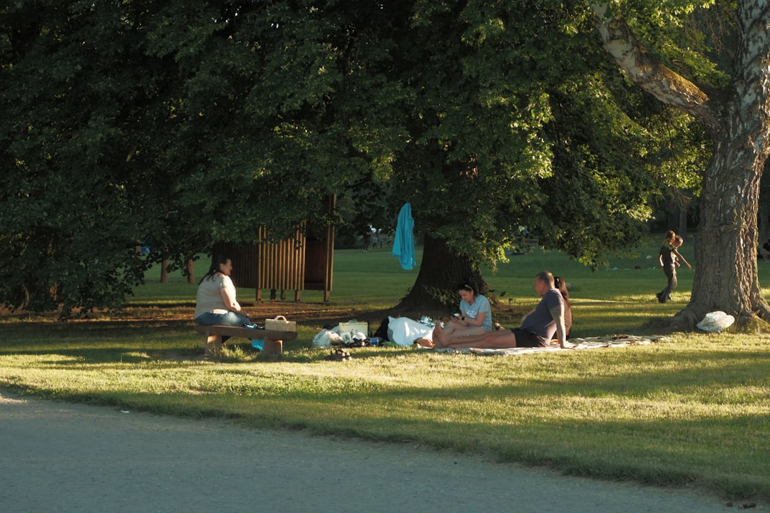 People relaxing on grass in a park